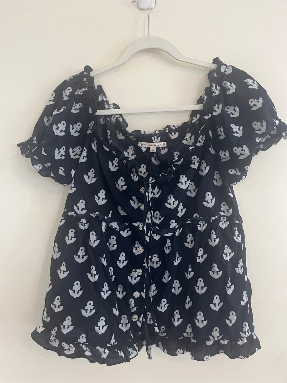 Vintage Nanette Lepore Anchor Babydoll Top Ruffle Cotton Nautical‎ Coastal 10